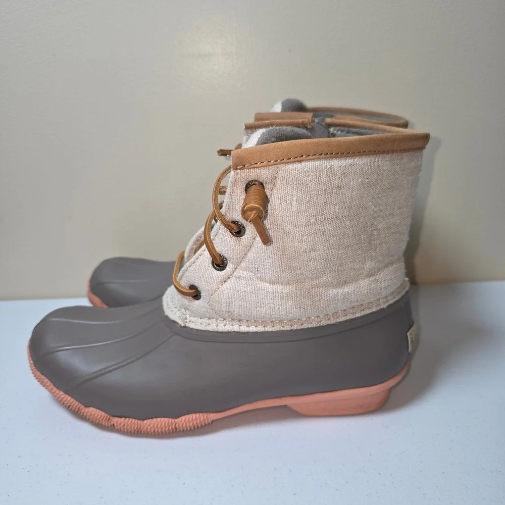 Sperry Saltwater Canvas Duck Boots Womens 8 Grey Tan‎ Coral STS85226 Waterproof